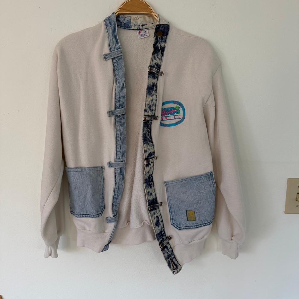 Vintage Jerzees Miami Subs Grill Denim Trim Handmade Sweatshirt Cream JNCO M